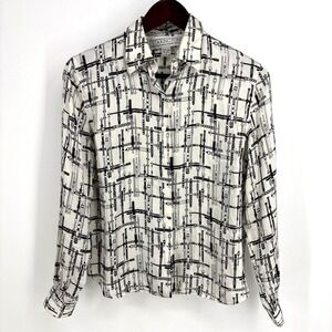 WhIte Silk Blouse w Black Equestrian Bridal Belt Graphic sz 6 Old Money Classy